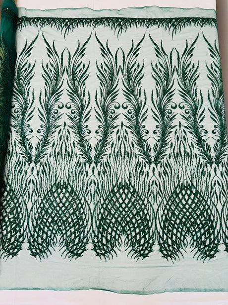 Wing Feather Damask Beaded Lace Fabric - Feather Damask, Beaded Mesh Lace, 50-54" Width (1 Yard)