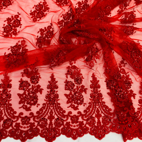 Beaded Corded Lace Fabric on Polyester Net Mesh