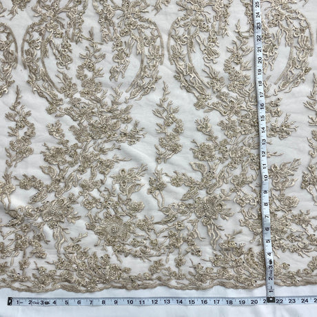 Beaded Lace Fabric Embroidered On 100 Percent Polyester Net Mesh - Silver, Champagne, 54" Width (1 Yard)