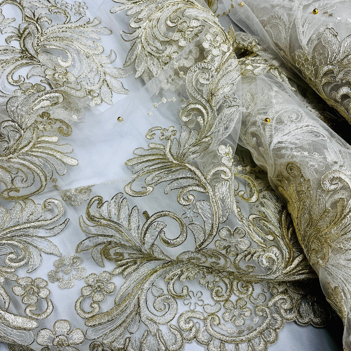 1 Yard Elegant Beaded & Corded Embroidered Bridal Lace on Polyester Mesh, Style 73013W-NB