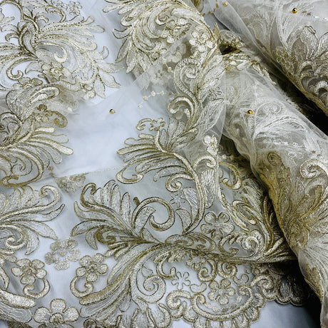 1 Yard Elegant Beaded & Corded Embroidered Bridal Lace on Polyester Mesh, Style 73013W-NB