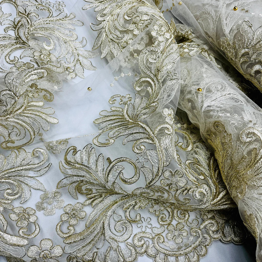 1 Yard Exquisite Beaded and Corded Bridal Lace Fabric Embroidered on Polyester Net Mesh 54" Width