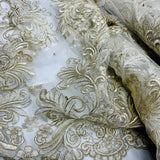 1 Yard Exquisite Beaded and Corded Bridal Lace Fabric Embroidered on Polyester Net Mesh 54" Width