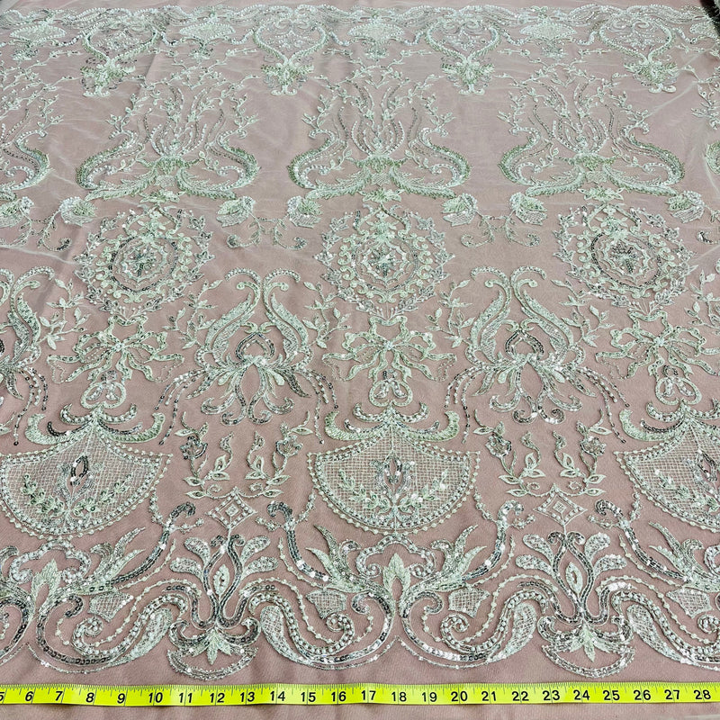 Beaded Lace Fabric - Embroidered Polyester Net Mesh, White, Ivory, Antique Silver, 51" Width (1 Yard)
