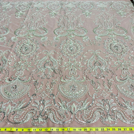 Beaded Lace Fabric - Embroidered Polyester Net Mesh, White, Ivory, Antique Silver, 51" Width (1 Yard)