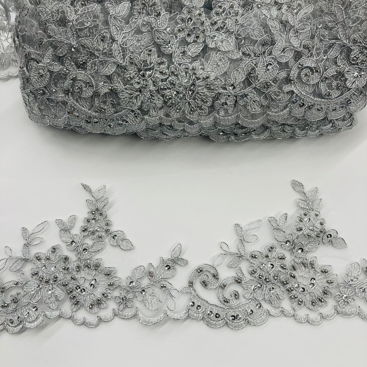 Beaded Corded Lace Trimming Polyester Fabric - Embroidered Net Mesh, 4" Width, 6 Color Schemes (1 Yard)