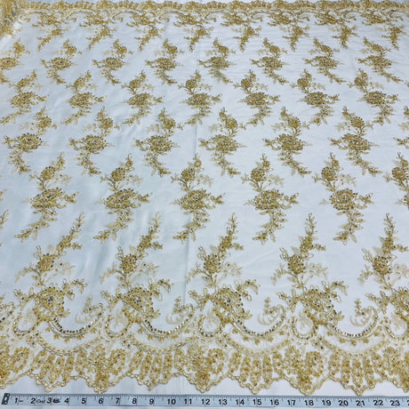 Beaded & Corded Bridal Polyester Lace Fabric - Embroidered Net Mesh, 51" Width (1 Yard)