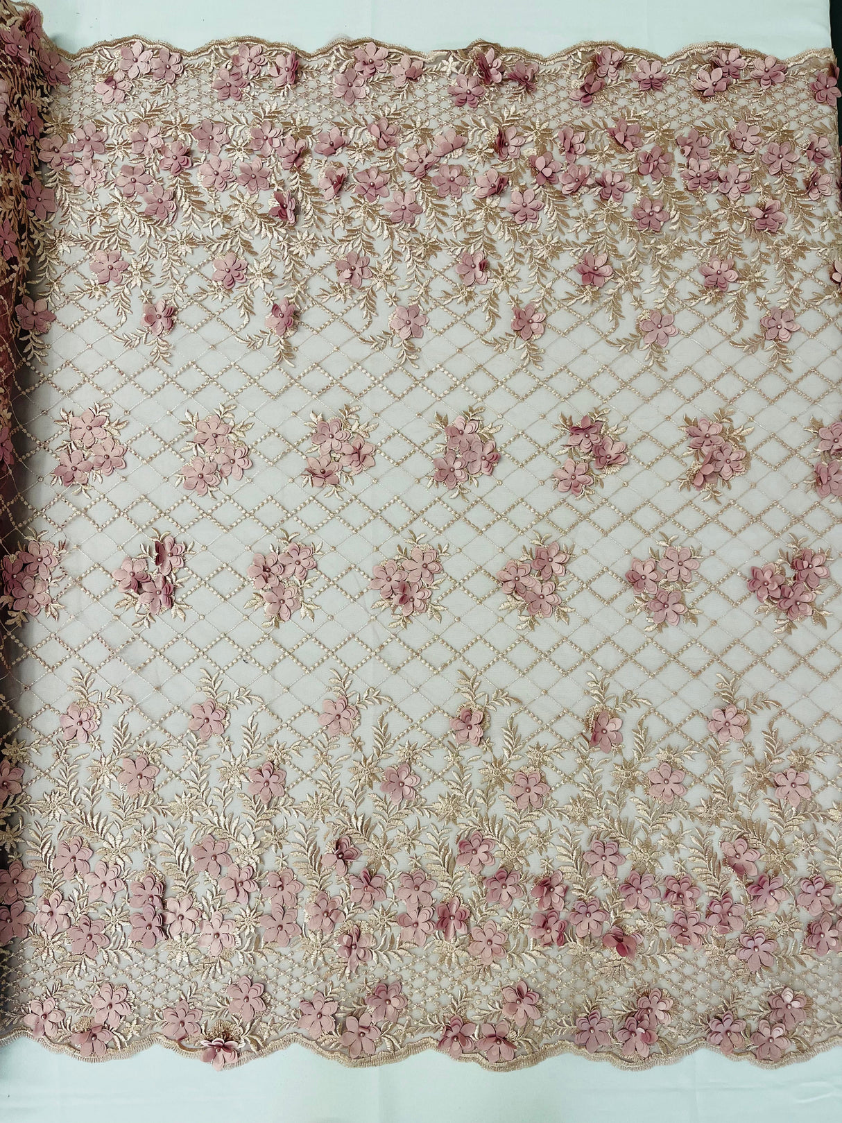 Lia 3D Floral Design Lace Fabric - Beaded Mesh, Double Scallop, 54" Width (1 Yard)