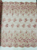 Lia 3D Floral Design Lace Fabric - Beaded Mesh, Double Scallop, 54" Width (1 Yard)