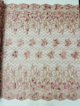Lia 3D Floral Design Lace Fabric - Beaded Mesh, Double Scallop, 54" Width (1 Yard)