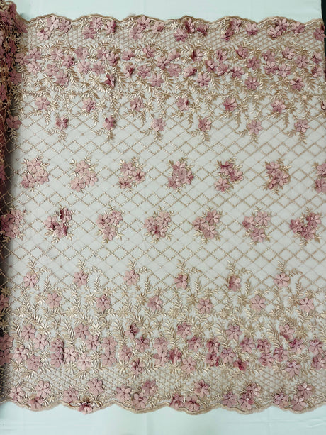 Lia 3D Floral Design Lace Fabric - Beaded Mesh, Double Scallop, 54" Width (1 Yard)