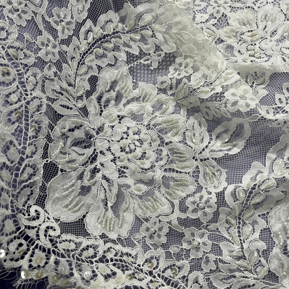 3 Yards Beaded Chantilly Embroidered Lace Fabric with Eyelash Scallop 56" Wide Ivory
