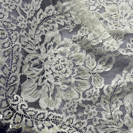 3 Yards Beaded Chantilly Embroidered Lace Fabric with Eyelash Scallop 56" Wide Ivory