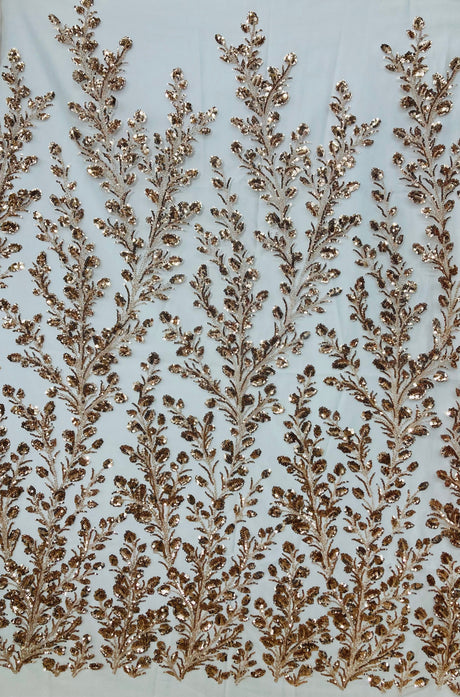 Beaded Sequined Lace Fabric - Embroidered On 100% Polyester Net Mesh, Silver, Rose Gold, 54" Width (1 Yard)