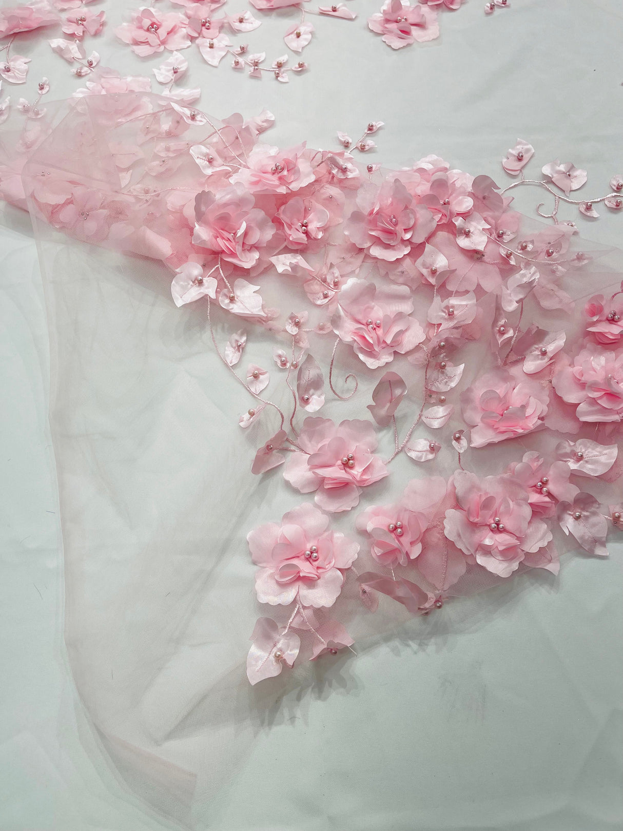 Orquidia 3D Floral Design Embroidered With Pearls Lace Fabric - 3D Floral Mesh Lace, 54" Width (1 Yard)
