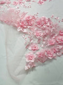 Orquidia 3D Floral Design Embroidered With Pearls Lace Fabric - 3D Floral Mesh Lace, 54" Width (1 Yard)