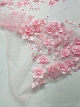 Orquidia 3D Floral Design Embroidered With Pearls Lace Fabric - 3D Floral Mesh Lace, 54" Width (1 Yard)