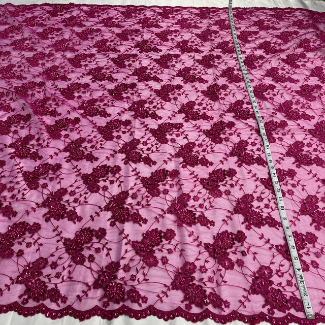 Beaded Corded Lace Fabric on Polyester Net Mesh