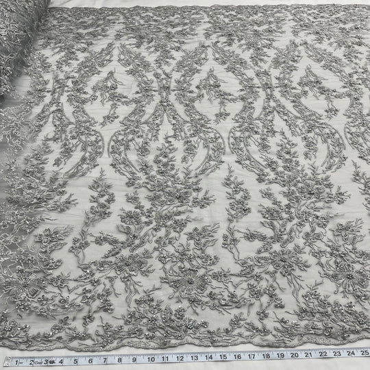 1 Yard Silver Beaded Embroidered Lace Fabric – 54"