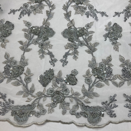Beaded Lace Fabric - Embroidered On 100 Percent Polyester Net Mesh, Lt. Sage/Dark Sage, 54" Width (1 Yard)