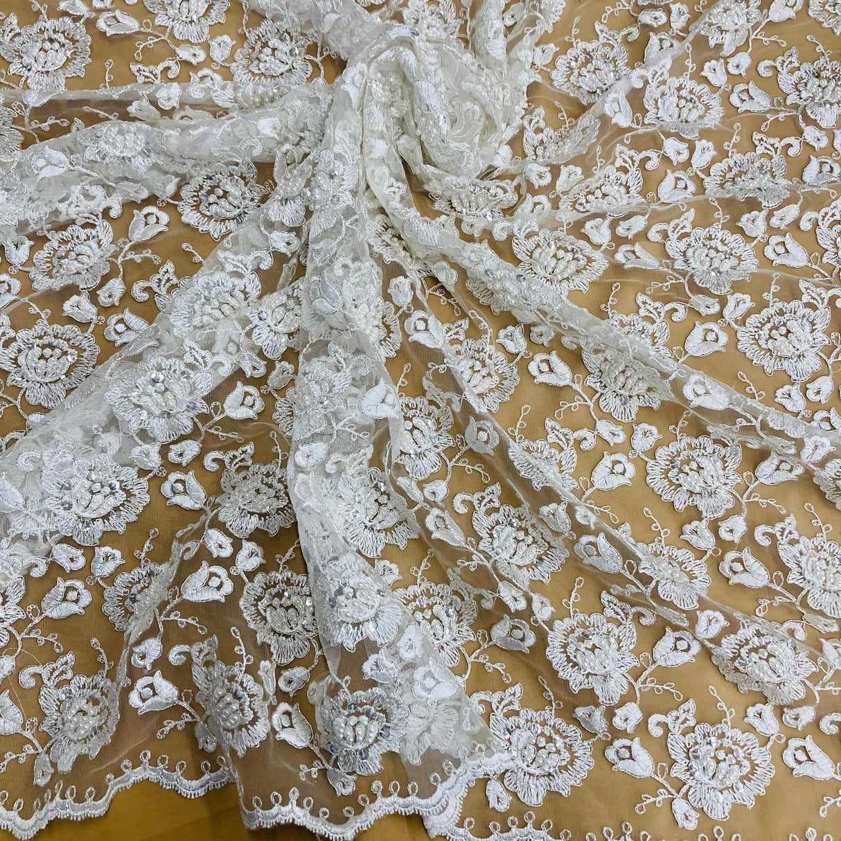 Beaded & Corded Bridal Lace Fabric - Black, Ivory With Silver, 51" Width (1 Yard)