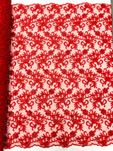 Estrella Corded Flowers Embroider With Sequins Mesh Lace Fabric - Floral Embroidered, Double Scallop, 50-54" Width, 36" Length (1 Yard)