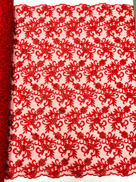 Estrella Corded Flowers Embroider With Sequins Mesh Lace Fabric - Floral Embroidered, Double Scallop, 50-54" Width, 36" Length (1 Yard)
