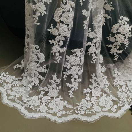 1 Yard Exquisite Beaded and Corded Bridal Lace Fabric Embroidered on 100% Polyester Net Mesh White