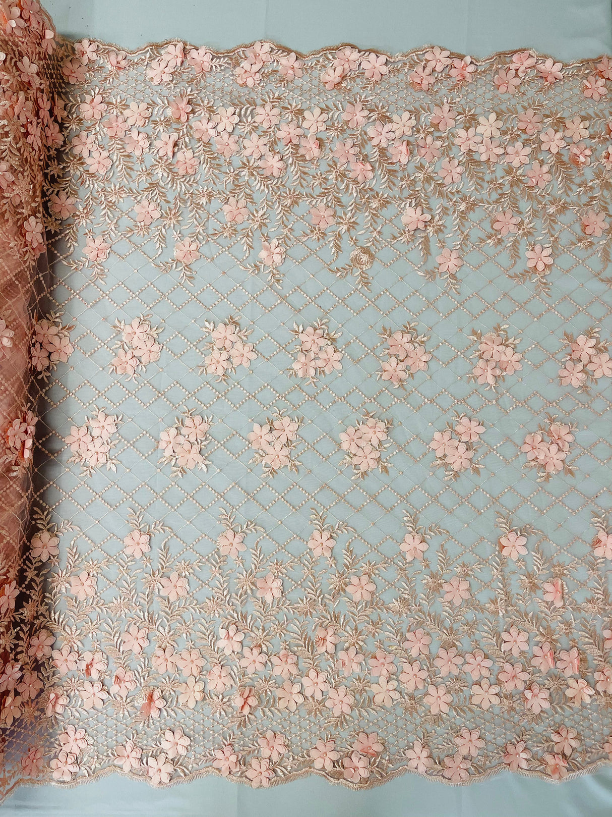 Lia 3D Floral Design Lace Fabric - Beaded Mesh, Double Scallop, 54" Width (1 Yard)