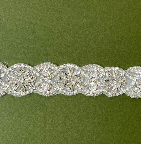 Crystal Floral Bridal Rhinestone Sash Applique Crystal Sash Fabric - Silver Floral Pattern, 18.75" X 1.25" (1 Piece)