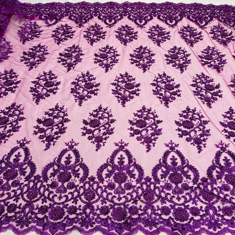 Beaded Corded Bridal Lace Polyester Fabric - Embroidered Net Mesh, Royal Blue, 53" Width (1 Yard)