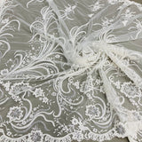 1 Yard Luxurious Beaded and Corded Bridal Lace Fabric Embroidered on 100% Polyester Net Mesh White