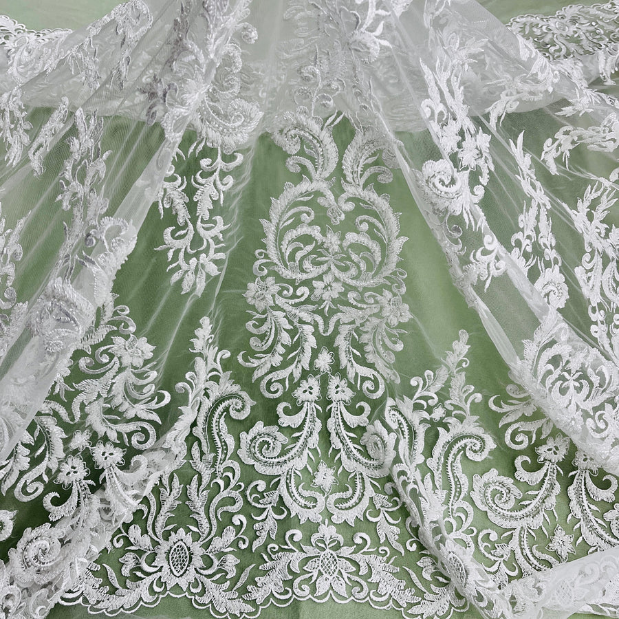 1 Yard Beaded Lace Fabric Embroidered on 100% Polyester Net Mesh | Off White, Ivory