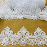 Corded Lace Trimming Embroidered On 100 Percent Polyester Net Mesh Fabric - Gold Metallic, Ivory With Silver, Ivory, Silver Metallic, White With Silver, White, 4" Width (1 Yard)