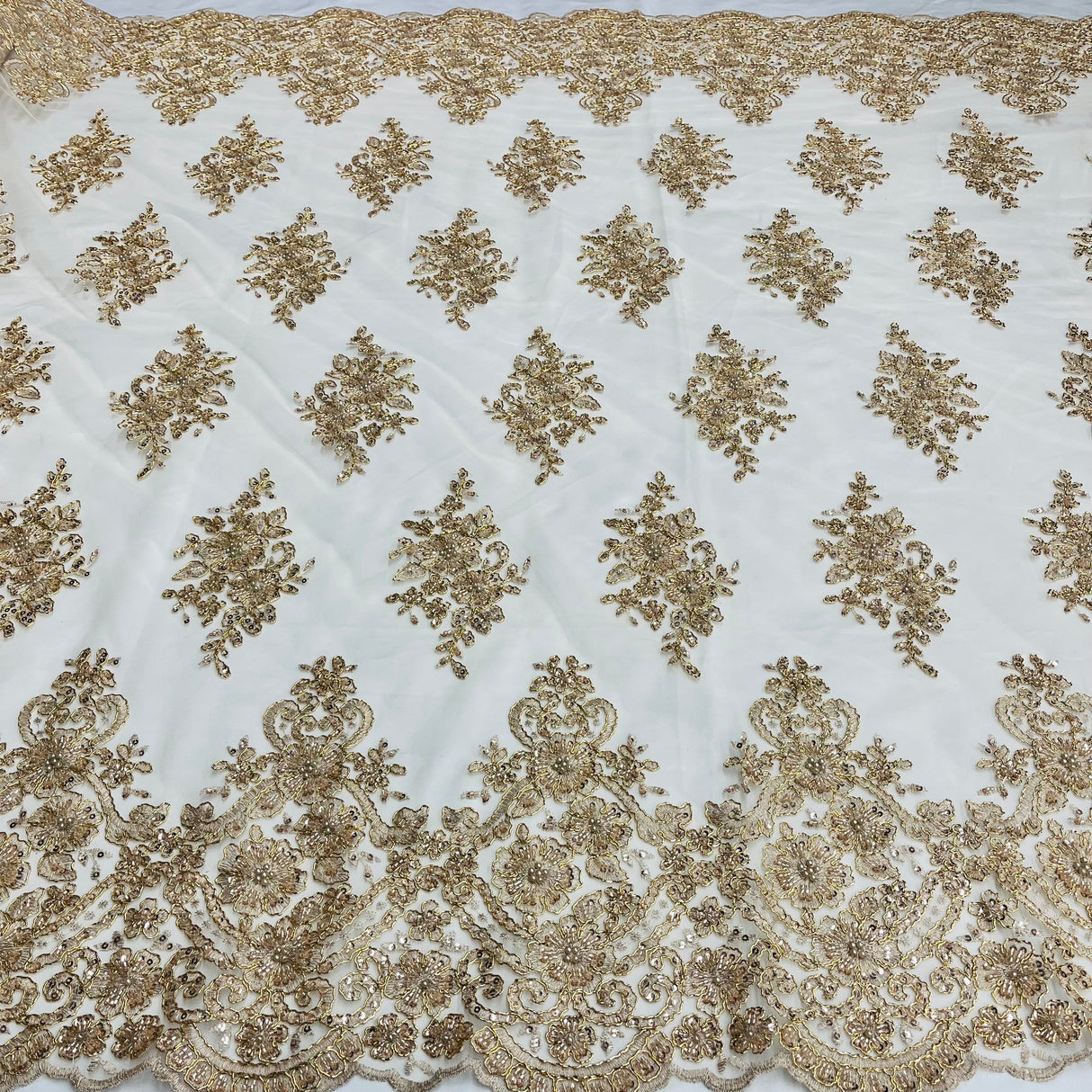 Beaded Corded Lace Fabric - Scalloped Embroidered Metallic Lace, 54" Width (1 Yard)