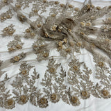 1 Yard Silver Beaded 3D Floral Lace Fabric Embroidered on Polyester Net Mesh Couture 52 Inch Width