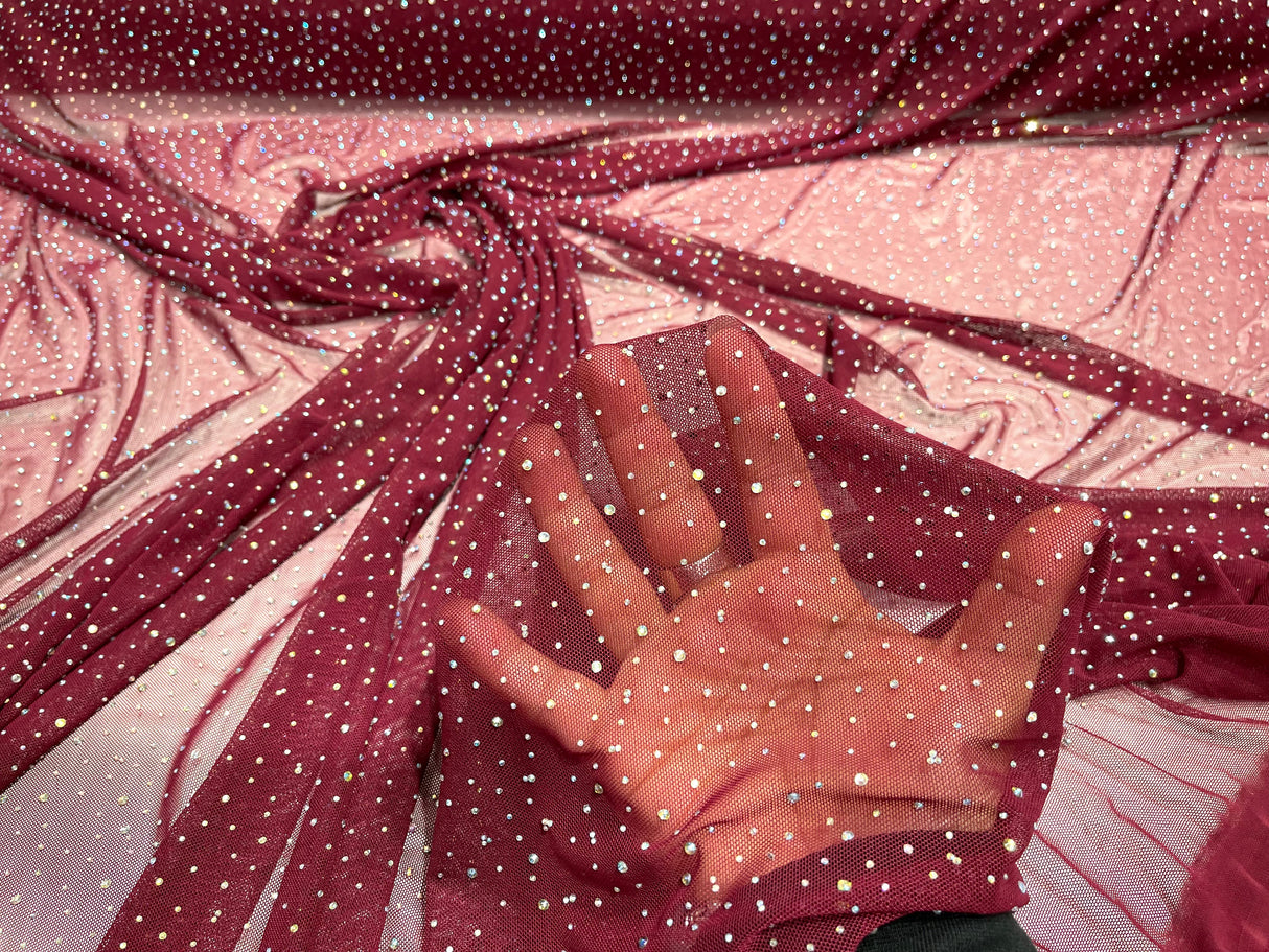 Sheer All Over AB Rhinestones Stretch Power Mesh Fabric - Colorful Rhinestone Embellishment, 58IN WIDTH (1 Yard)
