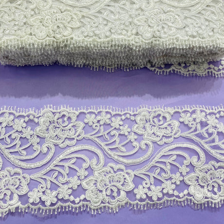 Corded Double Sided Lace Trimming Polyester Fabric - Embroidered Net Mesh, Gold, White, Silver, Ivory, 4" Width (1 Yard)
