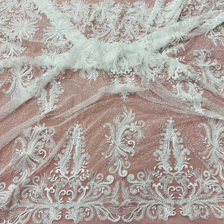 1 Yard Beaded Lace Fabric Embroidered With Fuzzy Thread on 100% Polyester Net Mesh