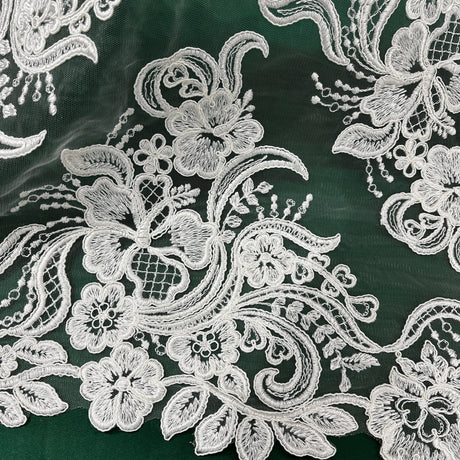 Corded Double Sided Lace Trimming Embroidered On 100 Percent Polyester Net Mesh Fabric - Ivory With Silver, Ivory, White, 15" Wide (1 Yard)
