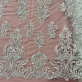 Beaded Lace Fabric Embroidered On 100 Percent Polyester Net Mesh - White, Ivory, Silver, Gold, Rose Gold, 60" Width (1 Yard)
