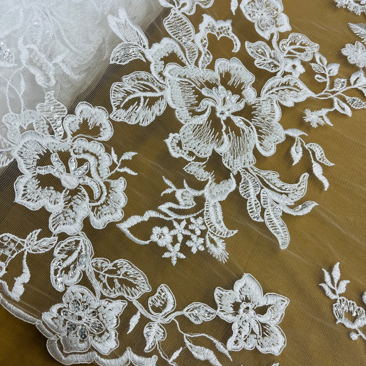 1 Yard Beaded & Corded Bridal Lace Fabric Embroidered on 100% Polyester Net Mesh 53" Wide