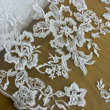 1 Yard Beaded & Corded Bridal Lace Fabric Embroidered on 100% Polyester Net Mesh 53" Wide