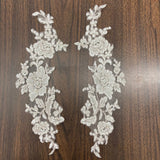 1 Pair 13" x 3" Beaded & Corded Floral Lace Applique on 100% Polyester Net Mesh