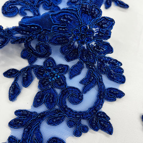 Beaded Corded Floral Lace Applique Embroidered Polyester Net Mesh Fabric - Floral Applique, 12.5" X 5" (1 Pair)