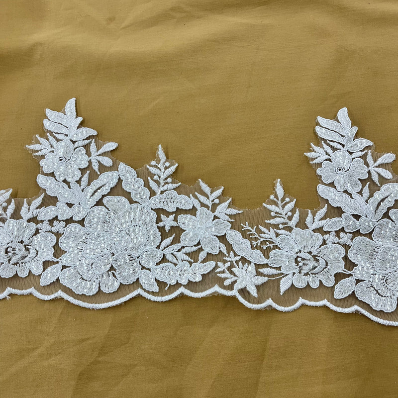 Beaded Corded Floral Lace Trimming 100 Percent Polyester Net Mesh Fabric - White, Gold Metallic, Silver Metallic, Ivory, 6.5" Width (1 Yard)