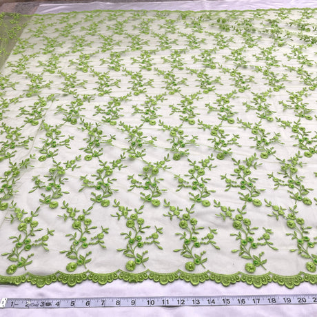 Beaded Lace Fabric Embroidered On 100 Percent Polyester Net Mesh Fabric - Lime Green, Lt. Blue, Orange, 54" Width (1 Yard)