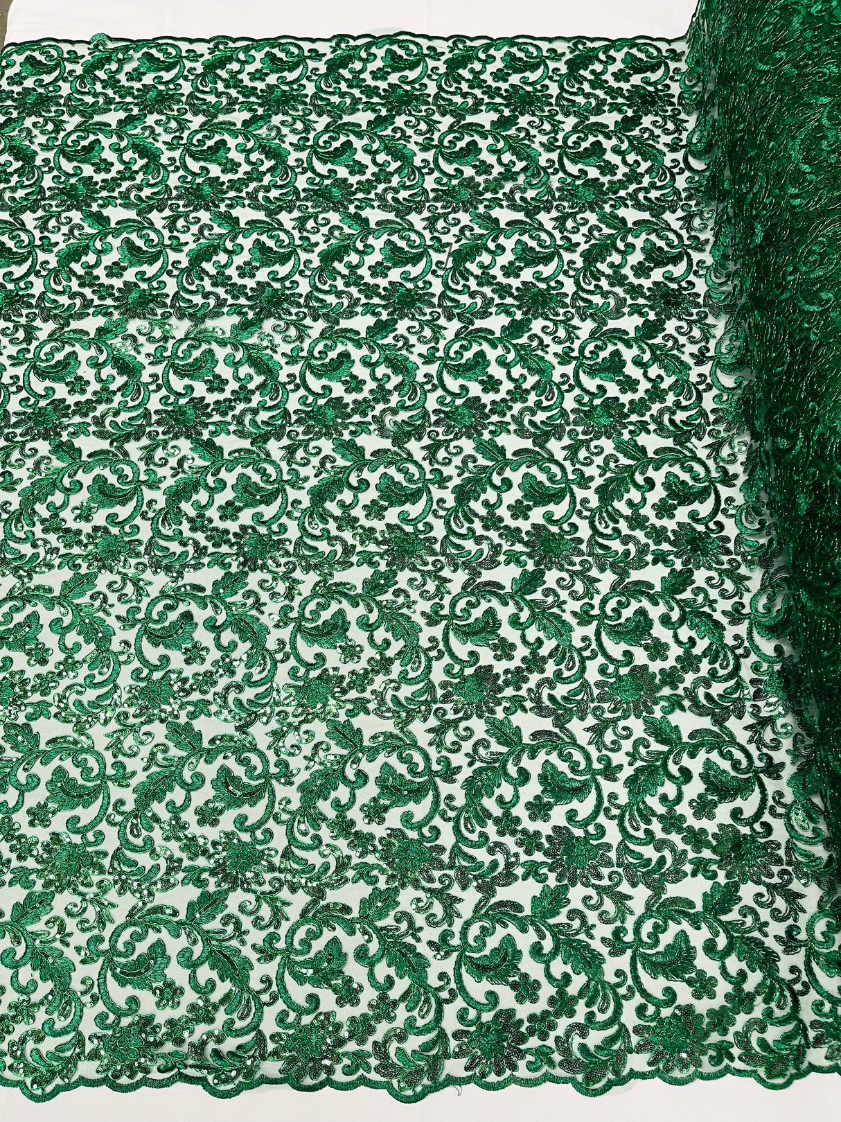 Angela Metallic Corded Lace Fabric - Embroidered Sequins Mesh Lace, Double Scallop Edge, 50-54" Width (1 Yard)