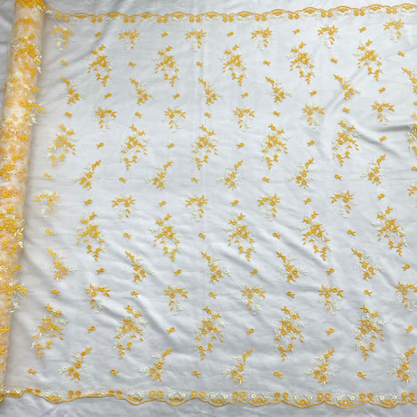 Beaded Lace Fabric Embroidered On 100 Percent Polyester Net Mesh - Yellow, Lilac, Brown/Orange, 54" Width (1 Yard)