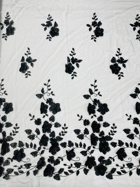 Orquidia 3D Floral Design Embroidered With Pearls Lace Fabric - 3D Floral Mesh Lace, 54" Width (1 Yard)